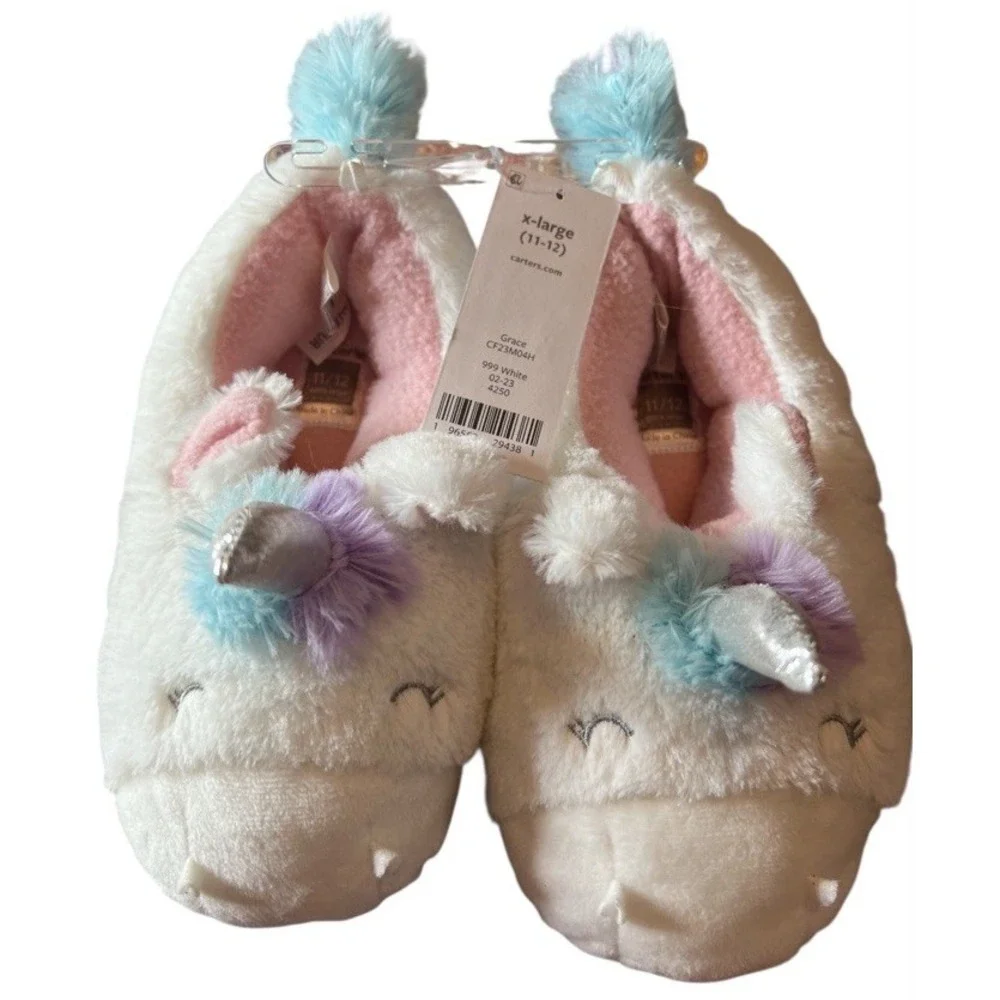 Carter's Unicorn Slippers XL (11-12) Kids‎ Plush Fuzzy White NWT